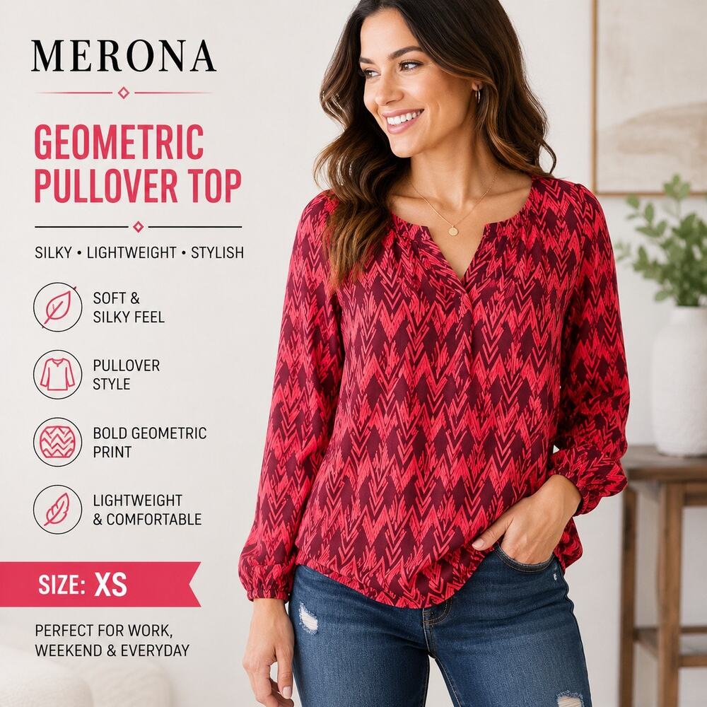 Merona Womens Blouse XS Red Pink Geometric Chevron Print Pullover Top